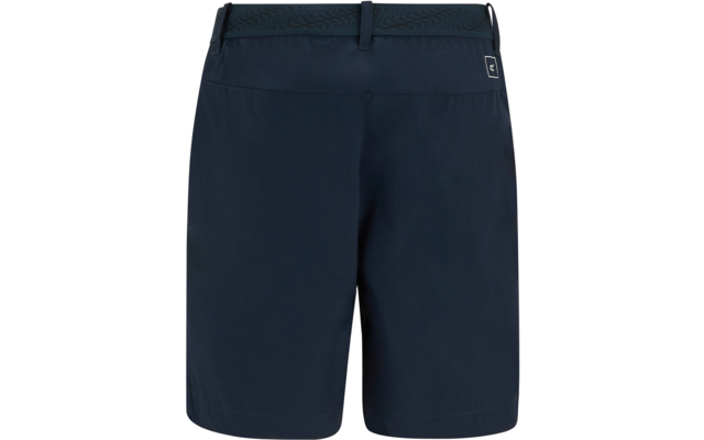 Dunkelblaue Shorts, Rückansicht, Bund mit Gürtelschlaufen und kleinem quadratischem Logo rechts oben