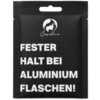 Confezione nera con asola per appendere, logo a fiamma bianco e scritta 'Gasolina' in alto, grande testo bianco: 'FESTER HALT BEI ALUMINIUM FLASCHEN!'