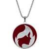 Catena d'argento con ciondolo rotondo, sfondo rosso e silhouette di profilo femminile stilizzata in argento