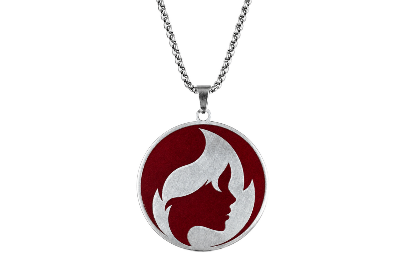 Catena d'argento con ciondolo rotondo, sfondo rosso e silhouette di profilo femminile stilizzata in argento