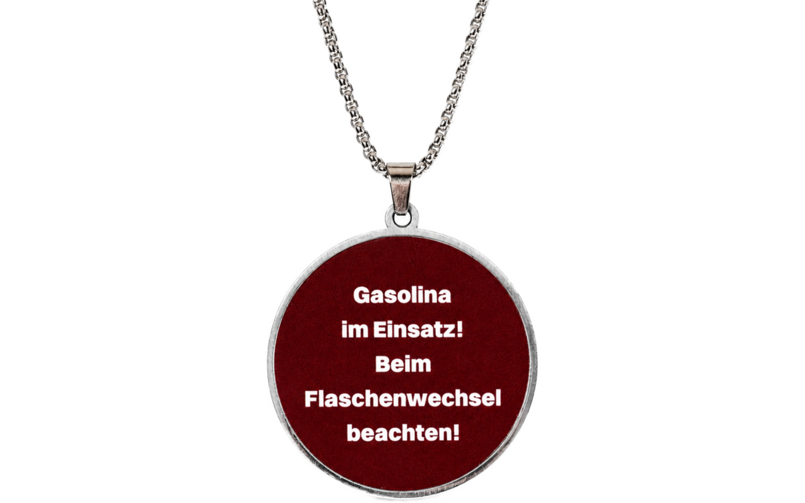 Collana tonda argentata con ciondolo rosso e testo bianco: Gasolina im Einsatz! Beim Flaschenwechsel beachten!