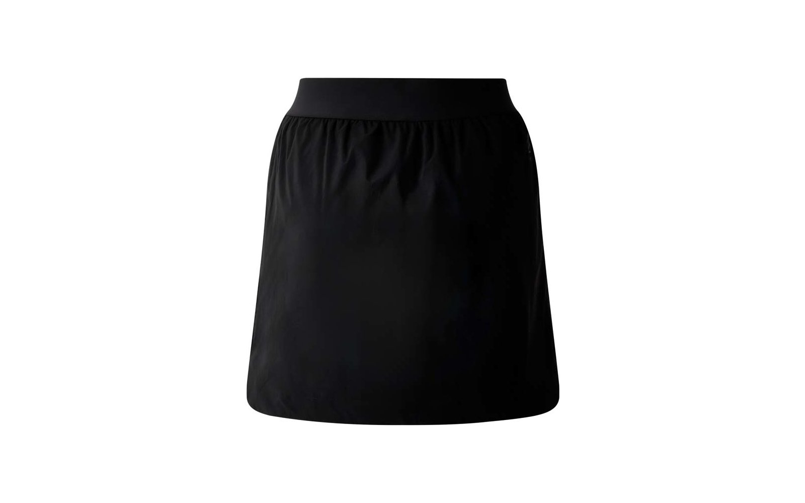 Zwarte korte rok met brede elastische tailleband, gladde stof, op witte achtergrond