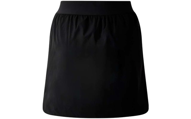 Zwarte korte rok met brede elastische tailleband, gladde stof, op witte achtergrond