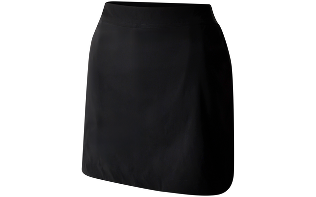 Zwarte korte rok met hoge tailleband en licht uitlopende zoom, gladde stof, op witte achtergrond