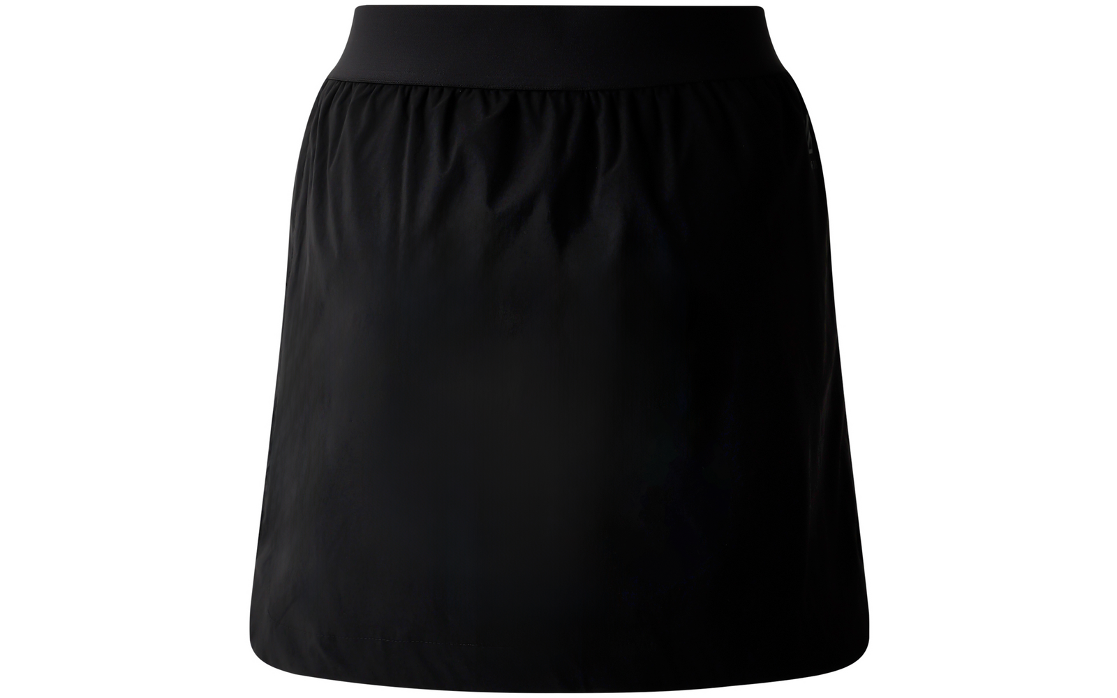 Zwarte korte rok met brede elastische tailleband, gladde stof, op witte achtergrond