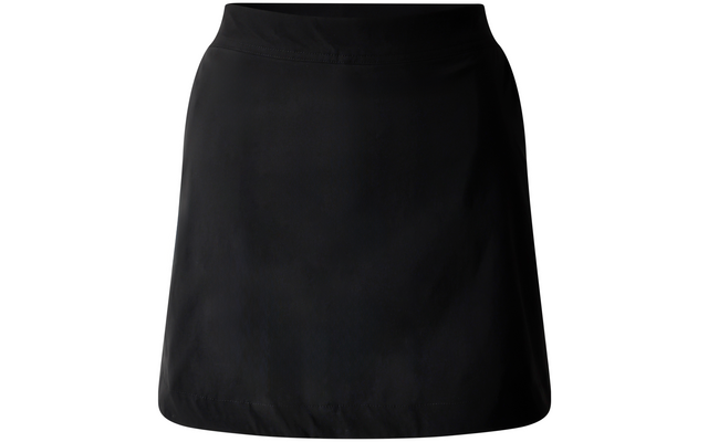 Zwarte korte rok met brede tailleband, vrijstaand op witte achtergrond