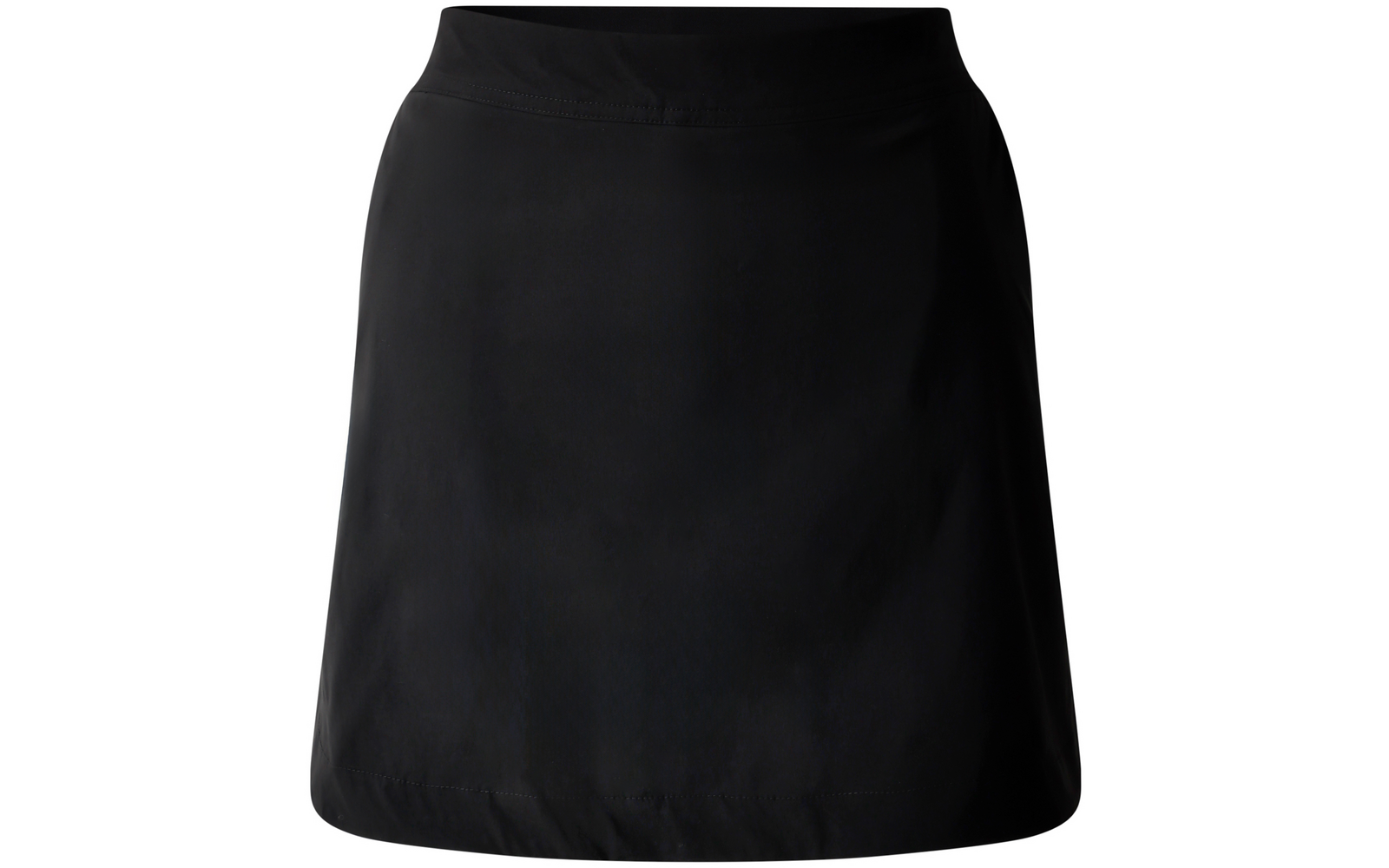 Zwarte korte rok met brede tailleband, vrijstaand op witte achtergrond