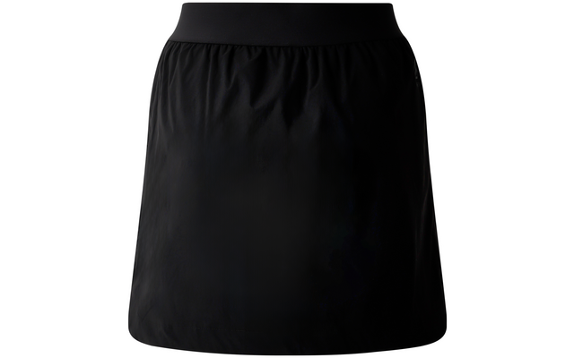 Zwarte korte rok met brede elastische tailleband, gladde stof, op witte achtergrond