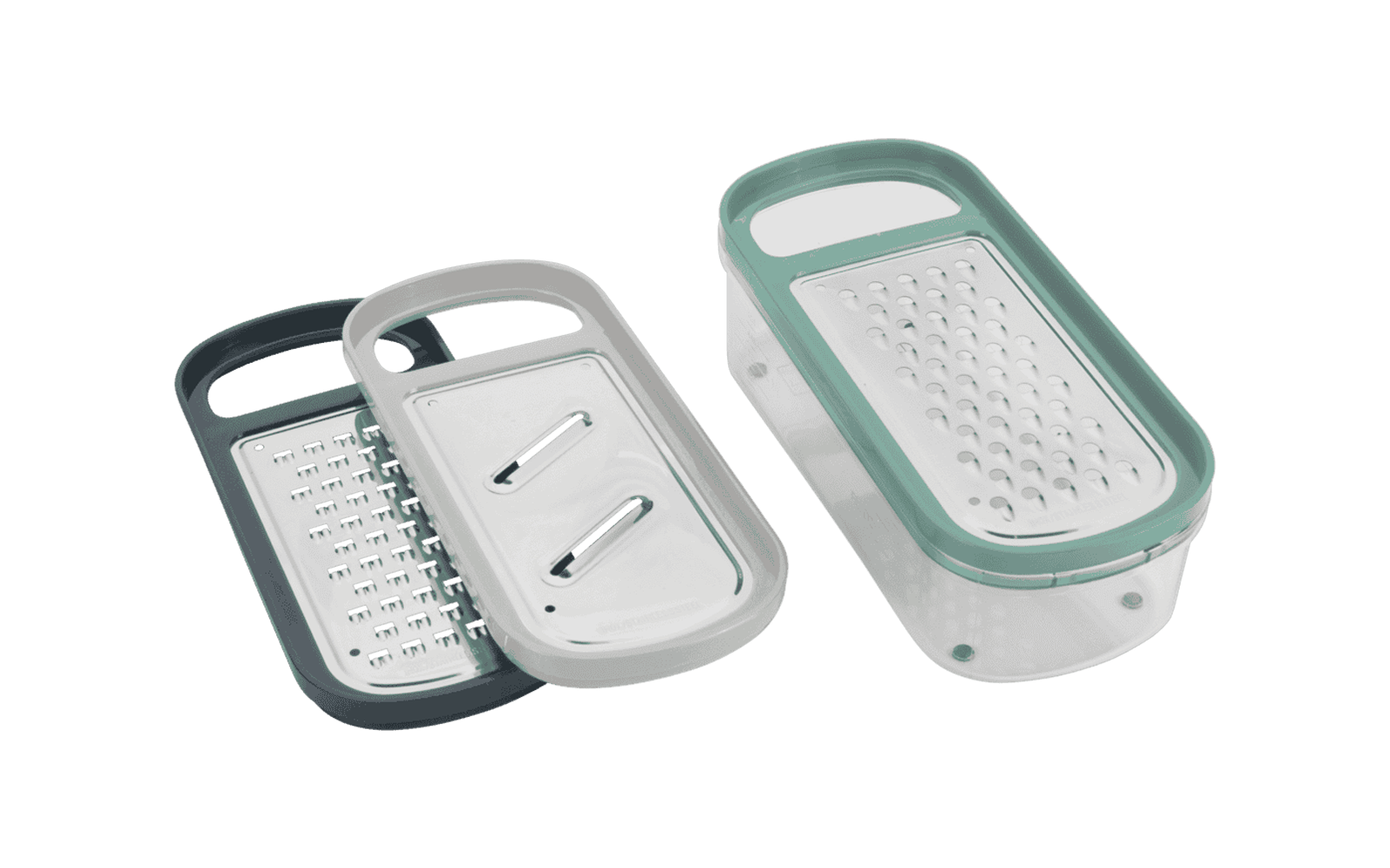 Three differently sized plastic kitchen graters with various grating surfaces