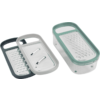 Three differently sized plastic kitchen graters with various grating surfaces