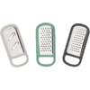 Three different kitchen graters with handles in different colors