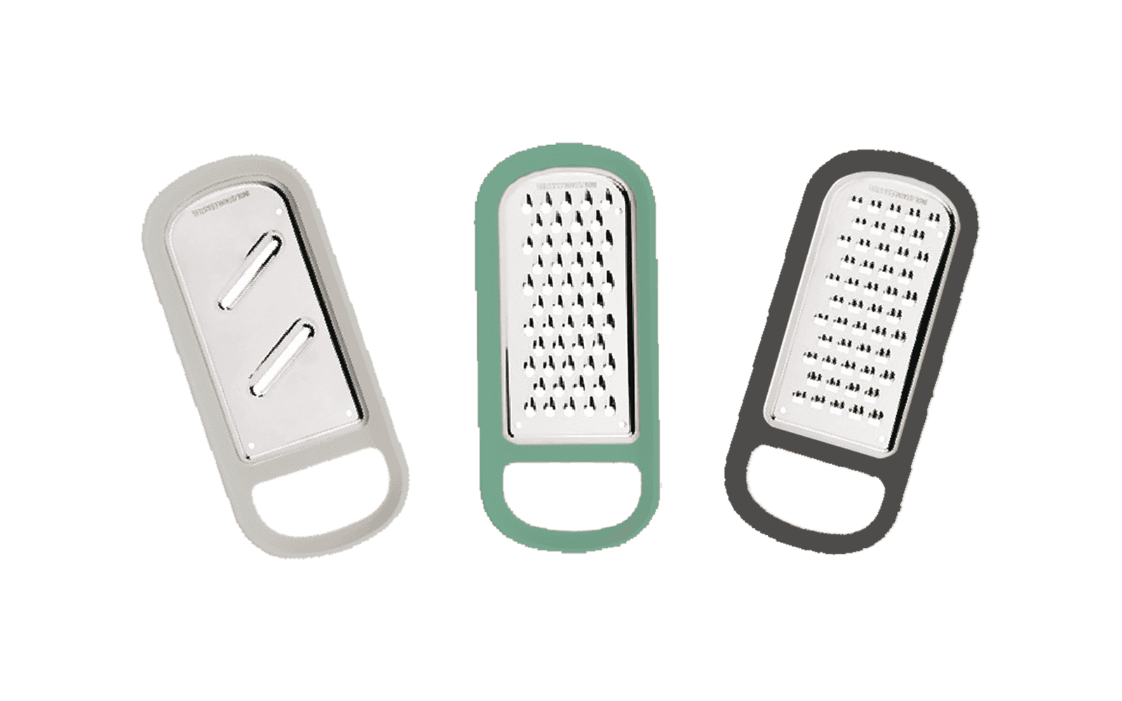 Three different kitchen graters with handles in different colors