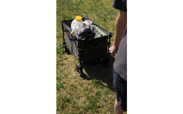 Kleiner Hund sitzt in einem schwarzen Transportkorb im Freien auf Gras, Person steht daneben