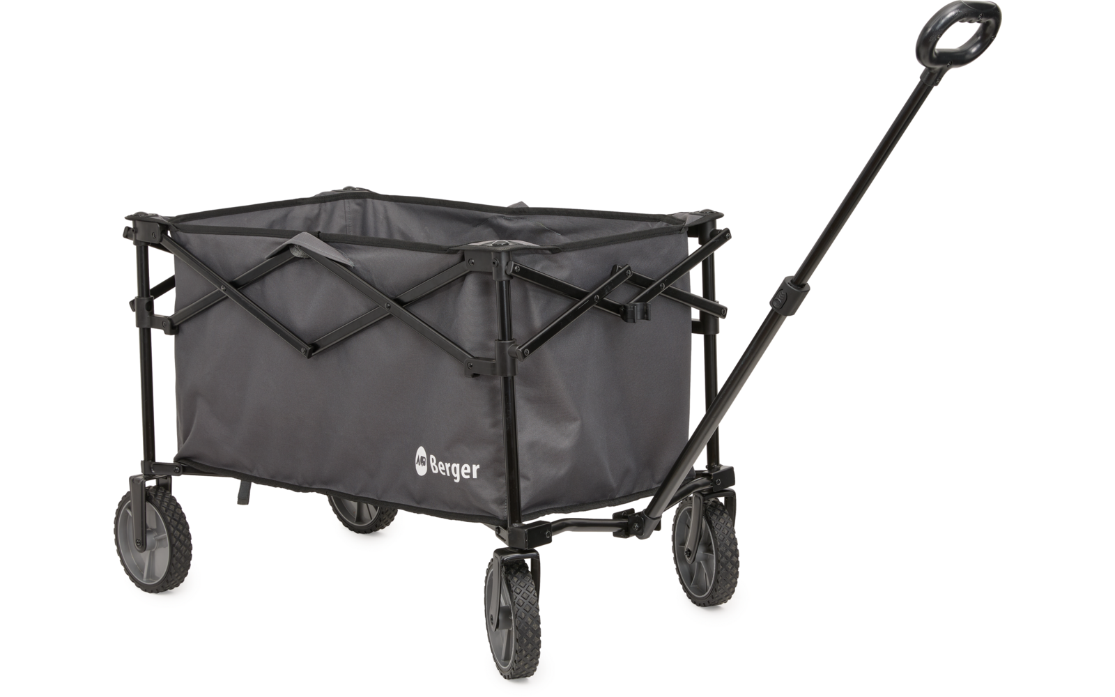 Chariot pliant avec revêtement en tissu noir, structure métallique noire, quatre roues et longue poignée