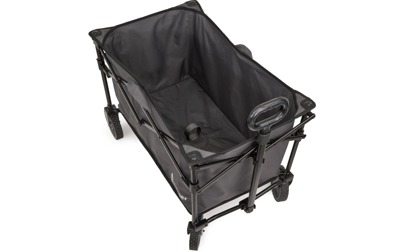 Chariot en tissu noir avec cadre métallique, intérieur visible, quatre roues en plastique et poignée verticale