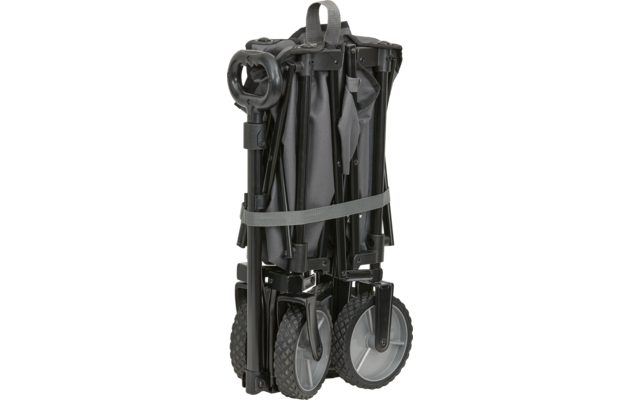 Cadre plié avec armature métallique noire, tissu gris, poignée de transport en haut, sangle autour du cadre et deux roues rainurées visibles