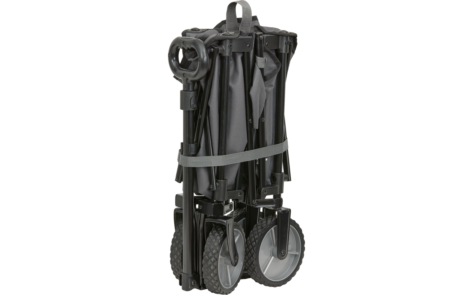 Cadre plié avec armature métallique noire, tissu gris, poignée de transport en haut, sangle autour du cadre et deux roues rainurées visibles