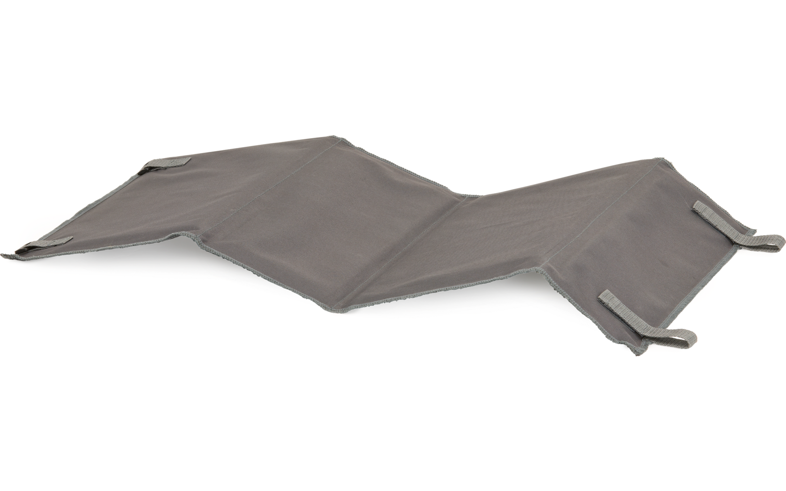 Tissu gris plié en trois segments visibles, avec deux languettes rectangulaires à bandes auto-agrippantes à chaque extrémité