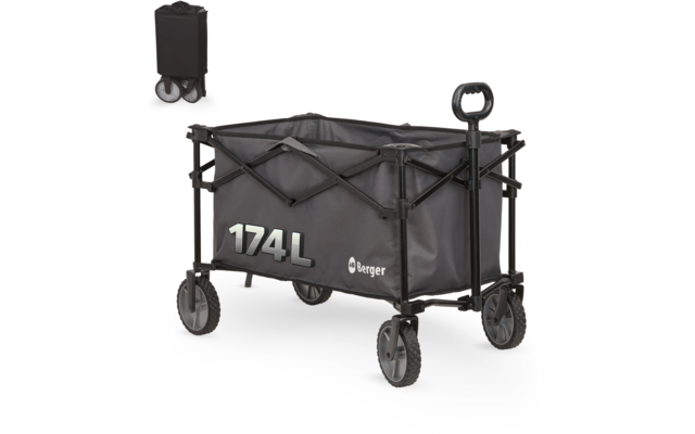 Schwarzer faltbarer Bollerwagen mit Stoffbehälter, Metallgestell, vier Rädern, Zuggriff und Aufdruck '174L'; kleine gefaltete Version oben links