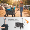 Oben: Frau zieht einen schwarzen Bollerwagen mit Campingausrüstung auf einem Campingplatz mit Zelten und Wohnwagen. Unten: Produktabbildungen des schwarzen Bollerwagens mit ausziehbarem Griff, Nahaufnahme der Handgriffes, Pfeilen und dem deutschen Te