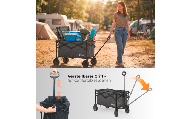 Oben: Frau zieht einen schwarzen Bollerwagen mit Campingausrüstung auf einem Campingplatz mit Zelten und Wohnwagen. Unten: Produktabbildungen des schwarzen Bollerwagens mit ausziehbarem Griff, Nahaufnahme der Handgriffes, Pfeilen und dem deutschen Te