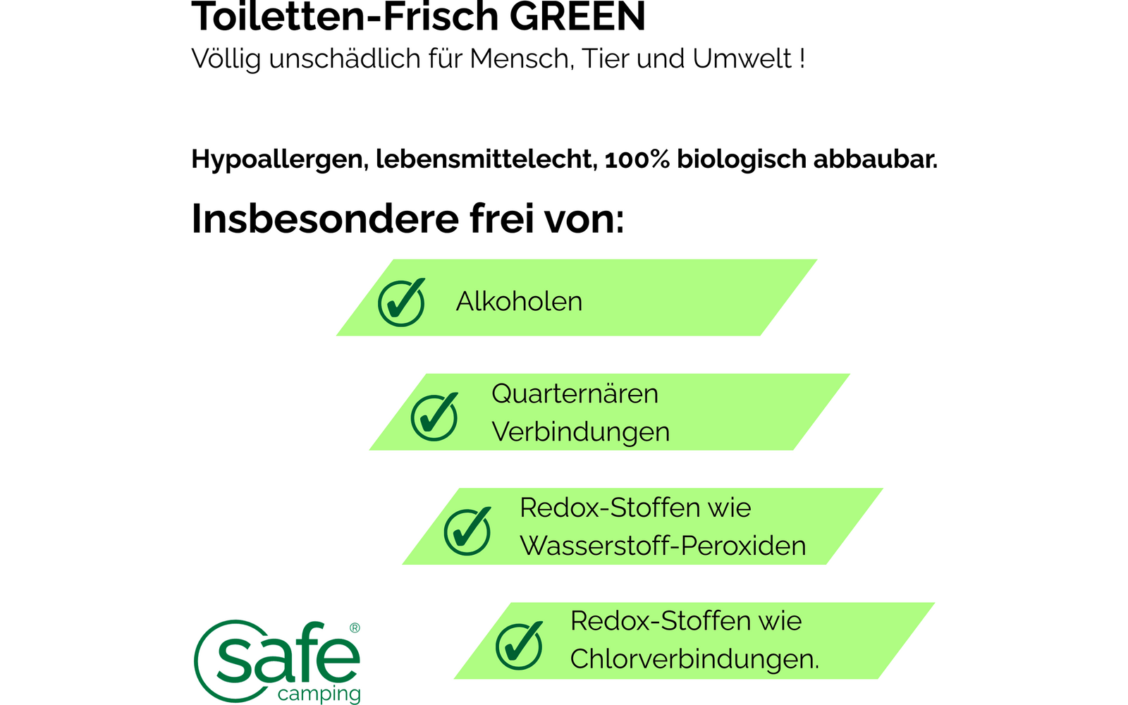 Produktbild Safe Camping Toiletten-Frisch Green Zusatz f&uuml;r den Sp&uuml;lwassertank 1