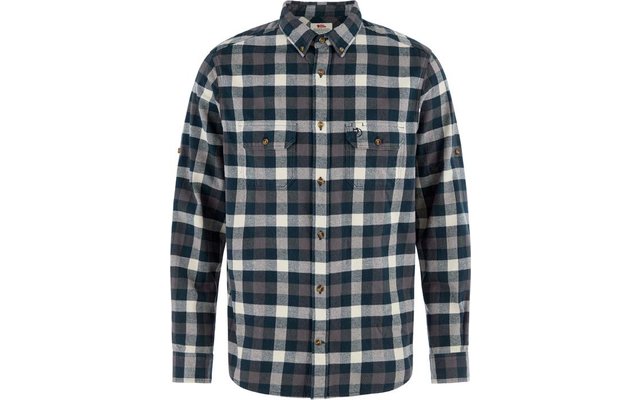 Chemise à manches longues à carreaux avec fermeture par boutons, col boutonné (button-down), deux poches poitrine et petit logo brodé sur la poitrine gauche ; carreaux bleu marine, gris et blanc
