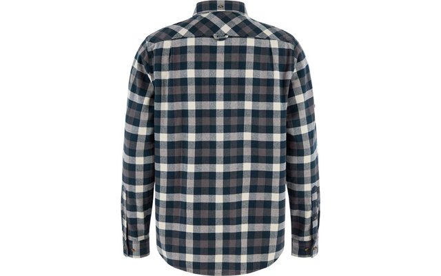 Vue arrière d'une chemise à carreaux à manches longues en tons bleu, gris et blanc, avec ourlet arrondi et un bouton sur la pièce d'épaule arrière