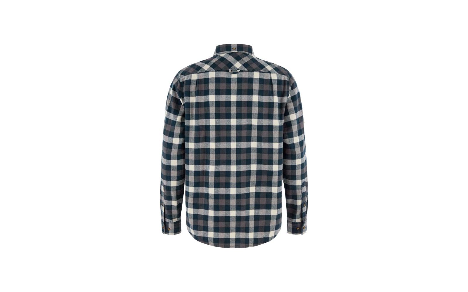 Vue arrière d'une chemise à carreaux à manches longues en tons bleu, gris et blanc, avec ourlet arrondi et un bouton sur la pièce d'épaule arrière