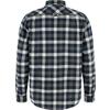 Vue arrière d'une chemise à carreaux à manches longues en tons bleu, gris et blanc, avec ourlet arrondi et un bouton sur la pièce d'épaule arrière