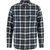 Chemise à manches longues à carreaux avec fermeture par boutons, col boutonné (button-down), deux poches poitrine et petit logo brodé sur la poitrine gauche ; carreaux bleu marine, gris et blanc