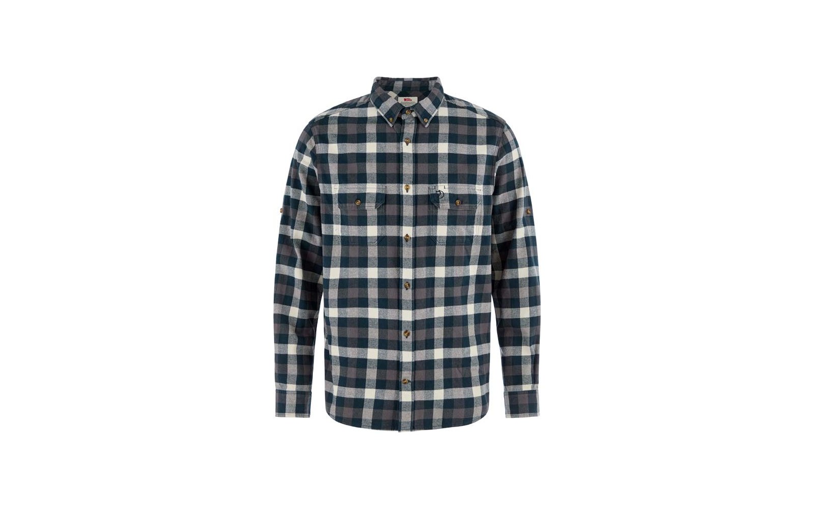 Chemise à manches longues à carreaux avec fermeture par boutons, col boutonné (button-down), deux poches poitrine et petit logo brodé sur la poitrine gauche ; carreaux bleu marine, gris et blanc