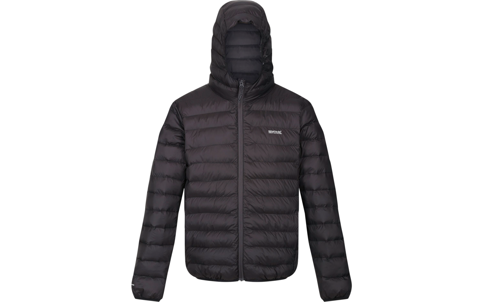 Schwarze gesteppte Jacke mit Kapuze und Reißverschluss vorne