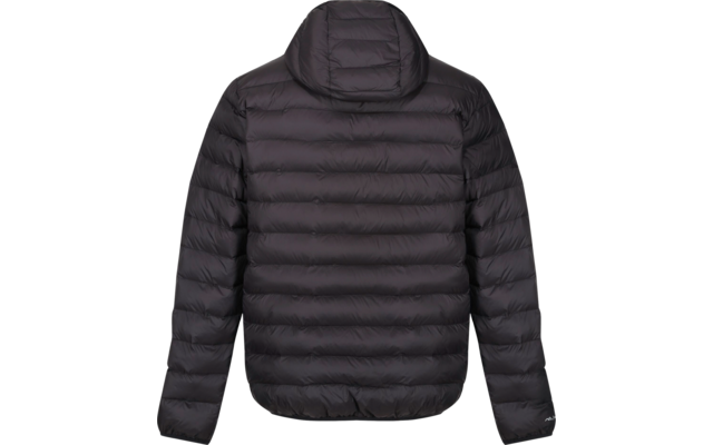 Schwarze Daunenjacke mit Kapuze, von hinten gezeigt