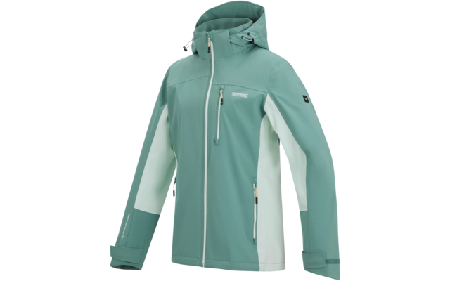 Mintgrüne Outdoor-Jacke mit Kapuze, weißen Seiteneinsätzen, durchgehendem Frontreißverschluss, Brustreißverschluss, zwei Reißverschlusstaschen und Klettverschlüssen an den Ärmelabschlüssen