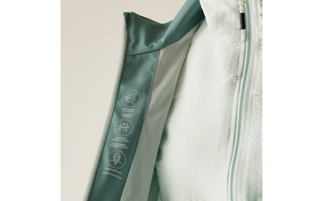 Geöffnete Jacke mit hellgrüner Innenfütterung, Netzstoffeinsatz und drei weißen Piktogrammen am inneren Reißverschluss-Steg