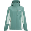 Jacke mit Kapuze, durchgehendem Reißverschluss, Brusttasche und zwei seitlichen Reißverschlusstaschen, zweifarbige türkisgrüne Vorderseite und hellere Seiten- und Unterarmbereiche, sichtbares Logo auf der Brust