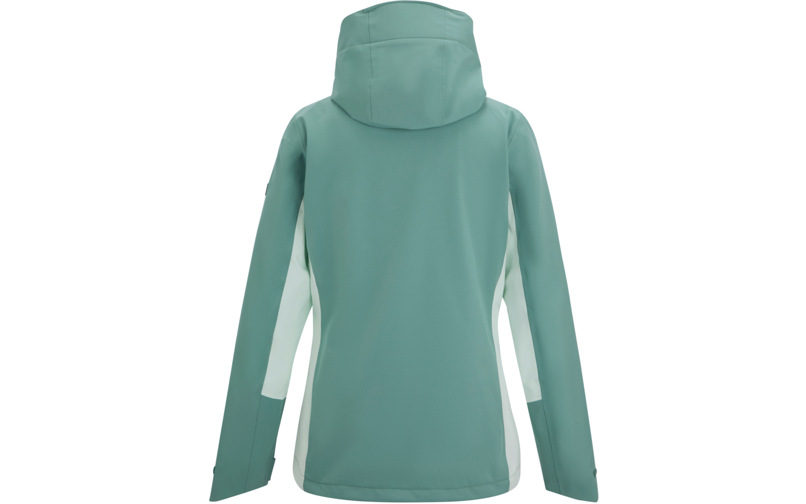 Rückansicht einer türkisgrünen Kapuzenjacke mit weißen Seiteneinsätzen auf weißem Hintergrund