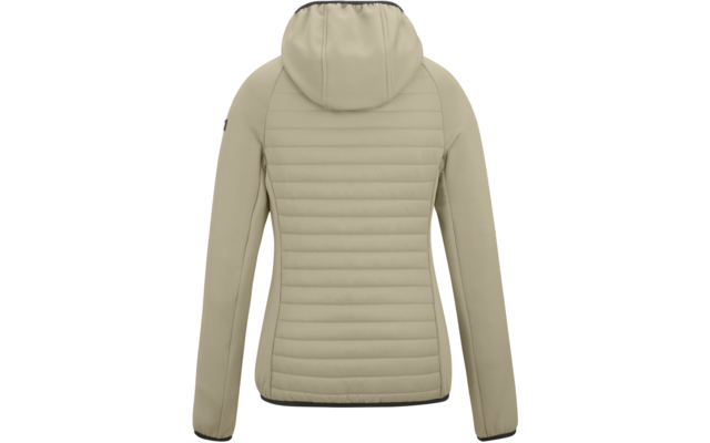 Rückansicht einer hellbeigen Kapuzenjacke, gesteppte Rückenmitte, glatte Ärmel, schwarze Kanten an Saum und Ärmelsäumen, kleines dunkles Patch am oberen Ärmel