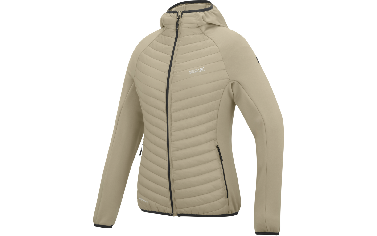 Beige gesteppte Kapuzenjacke mit durchgehendem Reißverschluss, zwei Reißverschlusstaschen, glatten Ärmeln und schwarzer Paspelierung