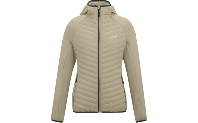 Hellbeige, gesteppte Kapuzenjacke von vorn mit durchgehendem Reißverschluss, zwei Reißverschlusstaschen und kleinem Logo auf der linken Brust