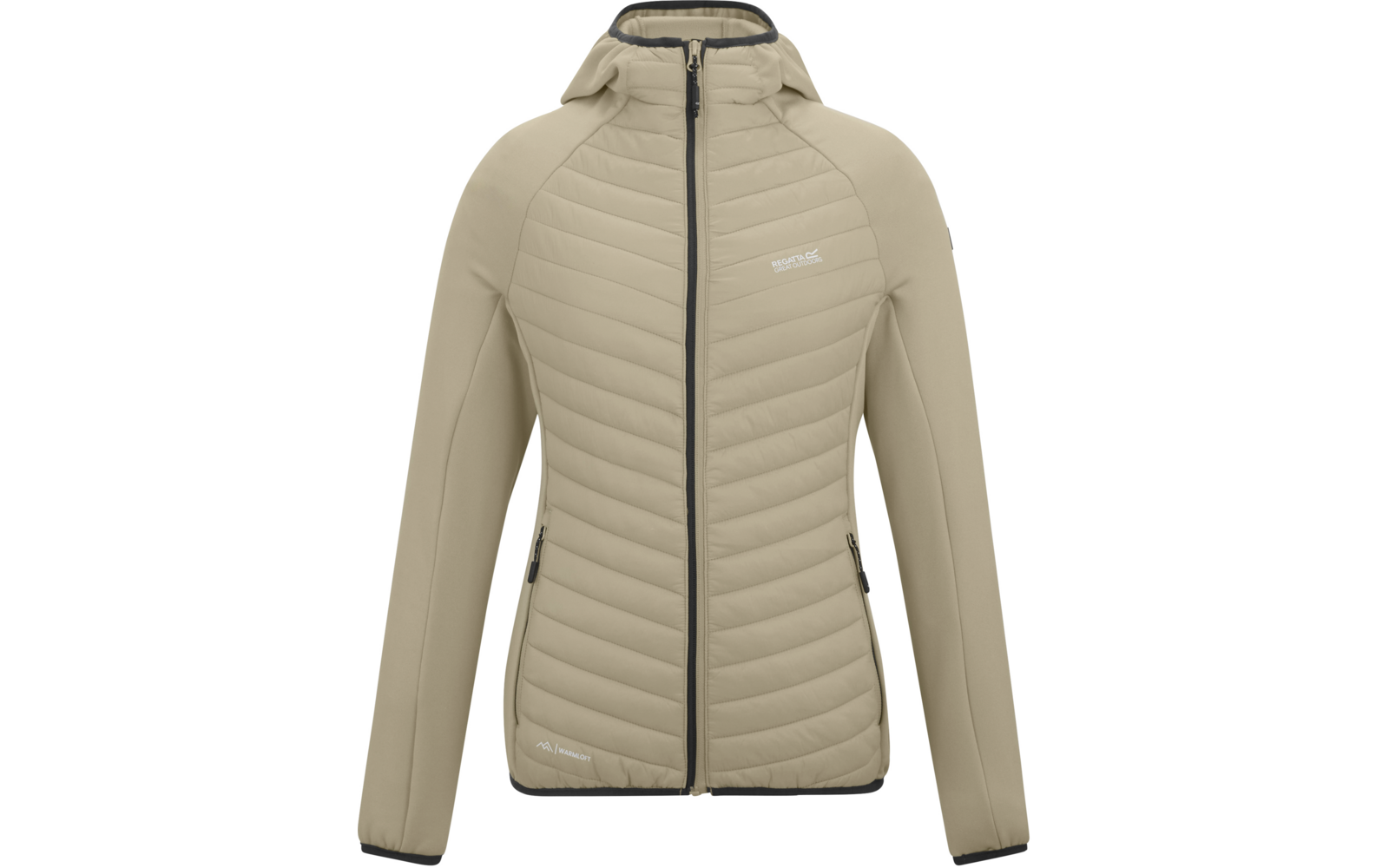 Hellbeige, gesteppte Kapuzenjacke von vorn mit durchgehendem Reißverschluss, zwei Reißverschlusstaschen und kleinem Logo auf der linken Brust