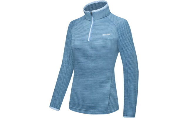 Pull bleu clair à manches longues avec col montant, demi-fermeture éclair, fine texture côtelée et petit logo blanc sur la poitrine gauche