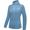 Pull bleu clair à manches longues avec col montant, demi-fermeture éclair, fine texture côtelée et petit logo blanc sur la poitrine gauche