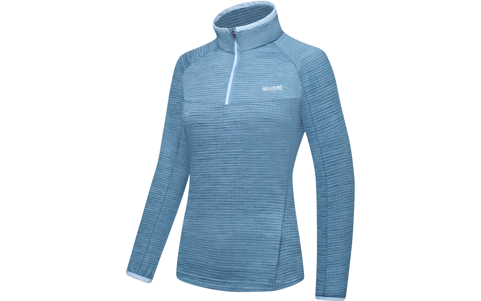 Pull bleu clair à manches longues avec col montant, demi-fermeture éclair, fine texture côtelée et petit logo blanc sur la poitrine gauche