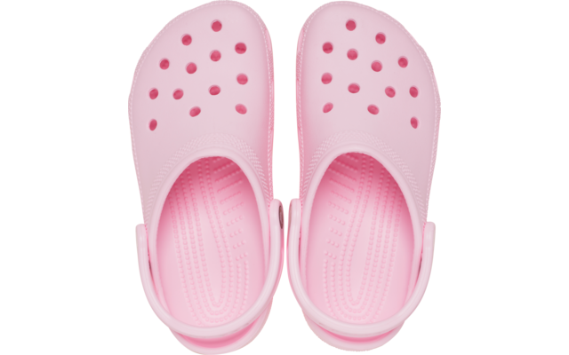 Zwei rosa Clogs von oben, mit Belüftungsöffnungen, strukturierten Innensohlen und Fersenriemen