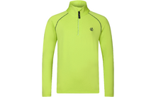 Neongroene longsleeve met opstaande kraag en korte rits, klein zwart logo links op de borst en zwarte stiknaden langs de raglanmouwen