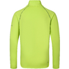 Achteraanzicht van een neon geelgroene top met lange mouwen, opstaande kraag, raglannaden en kleine opdruk rechtsonder