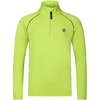 Neongroene longsleeve met opstaande kraag en korte rits, klein zwart logo links op de borst en zwarte stiknaden langs de raglanmouwen