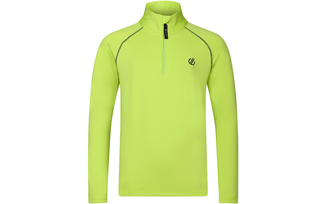 Neongroene longsleeve met opstaande kraag en korte rits, klein zwart logo links op de borst en zwarte stiknaden langs de raglanmouwen